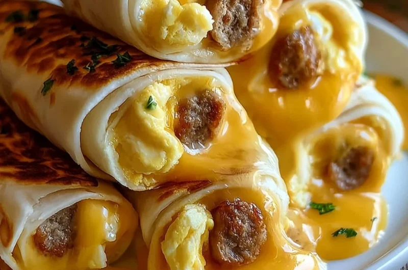 Cheesy sausage egg breakfast roll-ups served on a plate