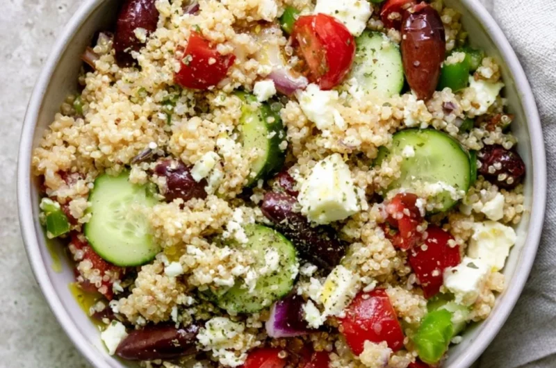 Colorful Mediterranean Quinoa Salad with tomatoes, cucumbers, and olives