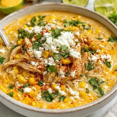 Bowl of creamy Mexican street corn soup garnished with cilantro and lime.