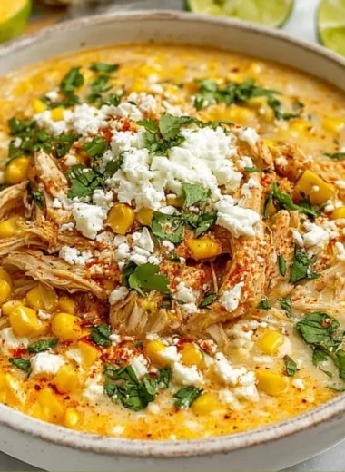 Bowl of creamy Mexican street corn soup garnished with cilantro and lime.