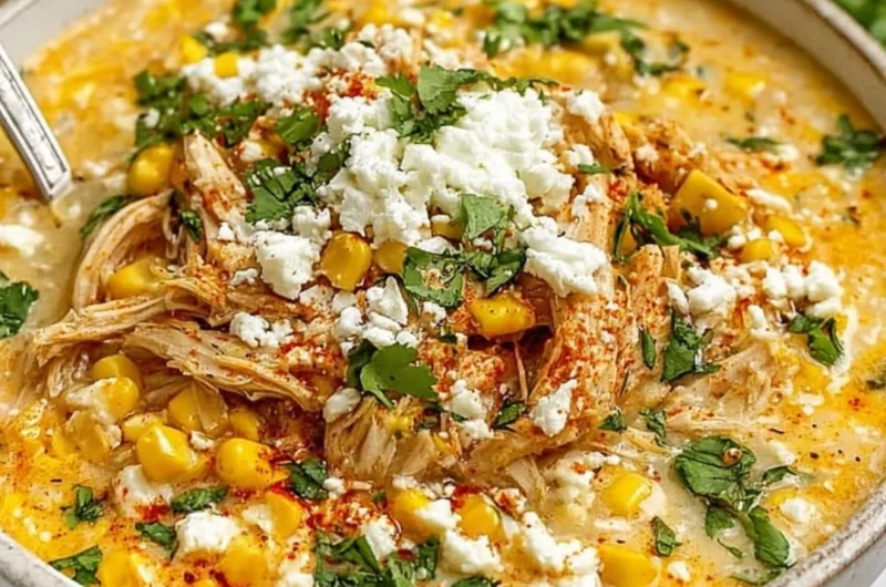Bowl of creamy Mexican street corn soup garnished with cilantro and lime.