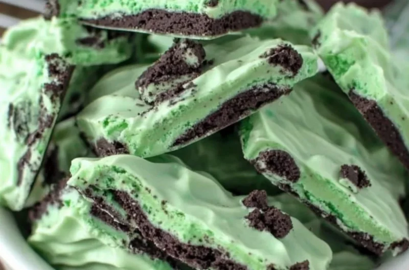 Delicious Mint Oreo Bark topped with crushed Oreos and minty goodness