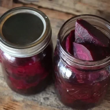 Jar of old fashioned pickled beets ready to serve