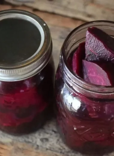 Jar of old fashioned pickled beets ready to serve