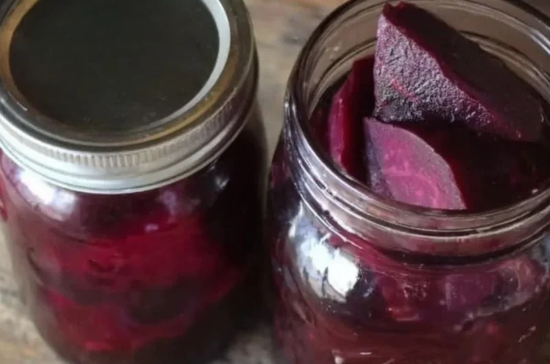 Jar of old fashioned pickled beets ready to serve