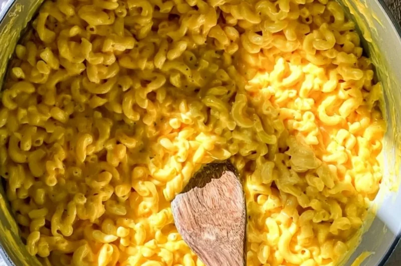 One pot creamy mac and cheese served in a bowl, garnished with herbs