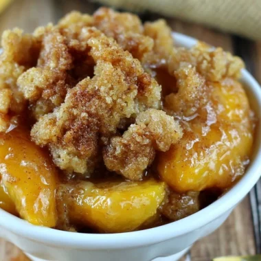 Delicious homemade Peach Crisp topped with oat crumble and fresh peaches
