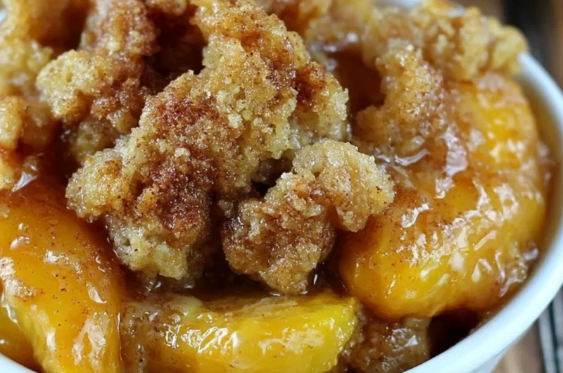 Delicious homemade Peach Crisp topped with oat crumble and fresh peaches