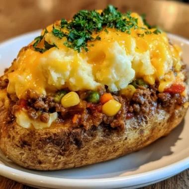 Delicious Shepherd's Pie Baked Potato topped with savory meat and vegetables