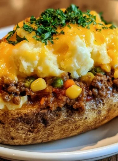 Delicious Shepherd's Pie Baked Potato topped with savory meat and vegetables