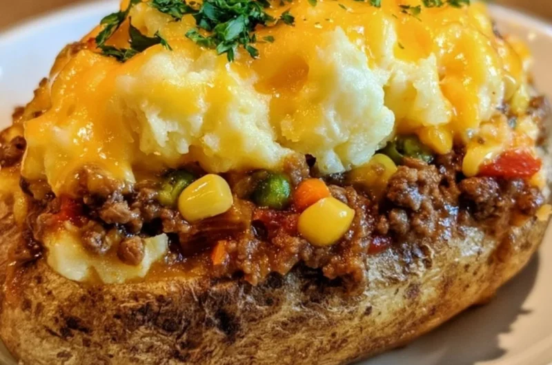 Delicious Shepherd's Pie Baked Potato topped with savory meat and vegetables