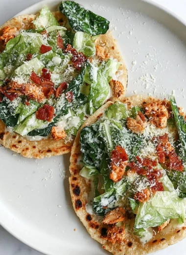 Smash Chicken Caesar Tacos topped with lettuce and Parmesan cheese
