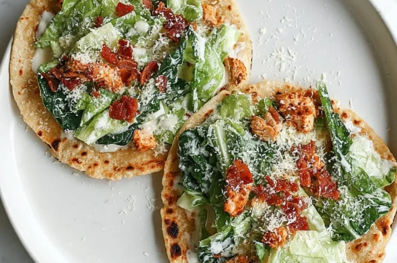 Smash Chicken Caesar Tacos topped with lettuce and Parmesan cheese