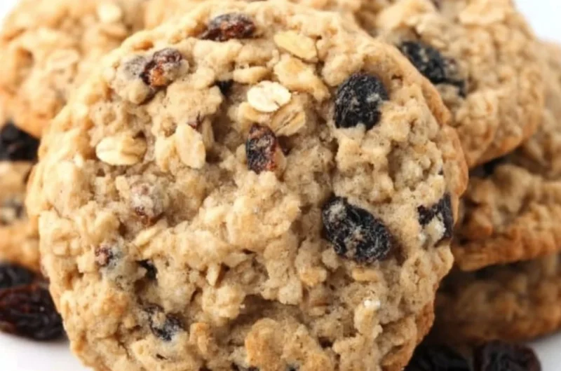 Delicious soft and chewy oatmeal raisin cookies on a plate