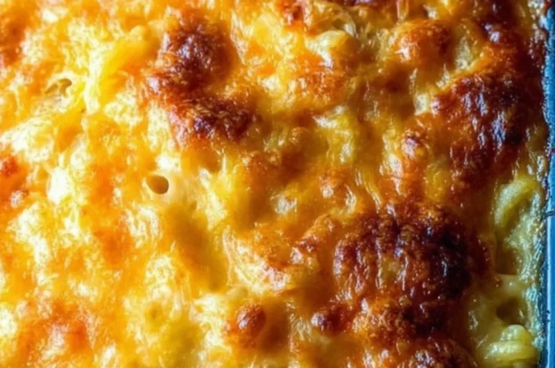 Delicious Southern baked macaroni and cheese with a golden crust and creamy texture