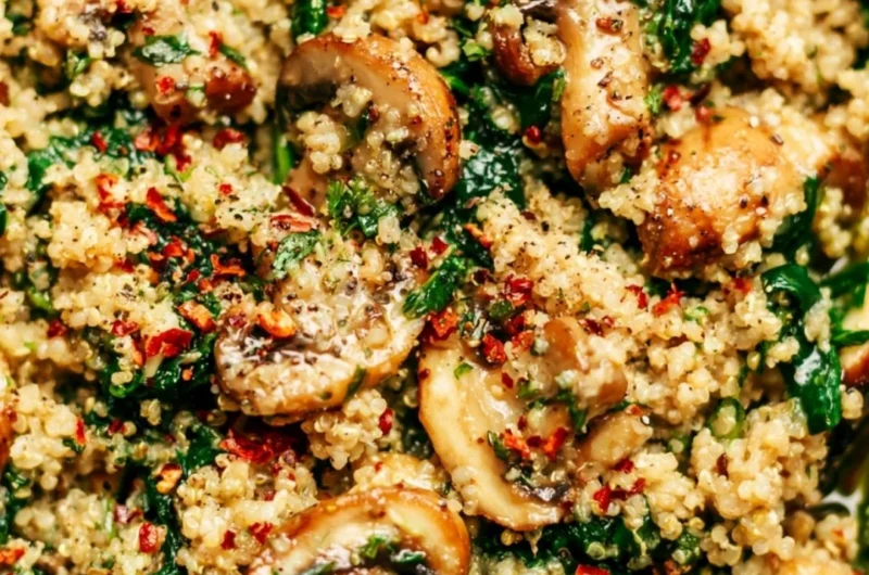 Bowl of Spinach Mushroom Quinoa garnished with fresh herbs