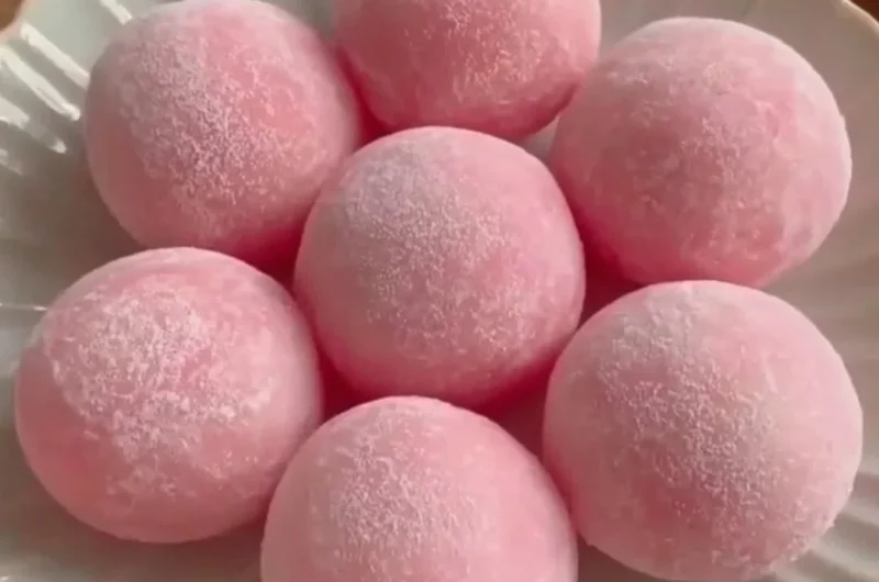 Delicious Strawberry Mochi dessert featuring sweet strawberries and chewy rice cake.