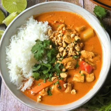 Bowl of creamy Thai Peanut Curry garnished with fresh herbs and veggies