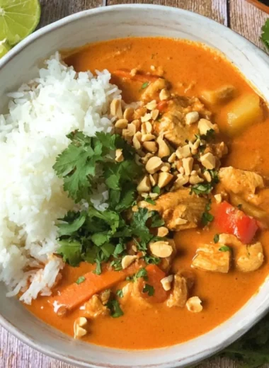 Bowl of creamy Thai Peanut Curry garnished with fresh herbs and veggies