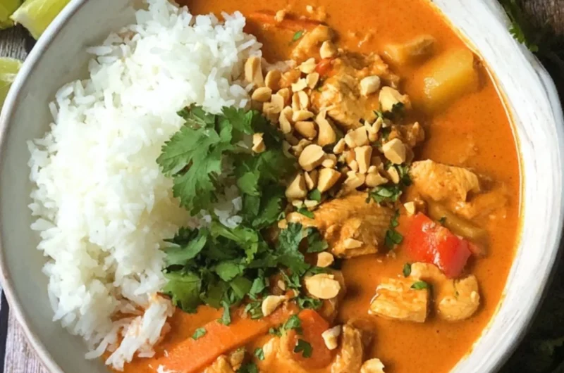 Bowl of creamy Thai Peanut Curry garnished with fresh herbs and veggies