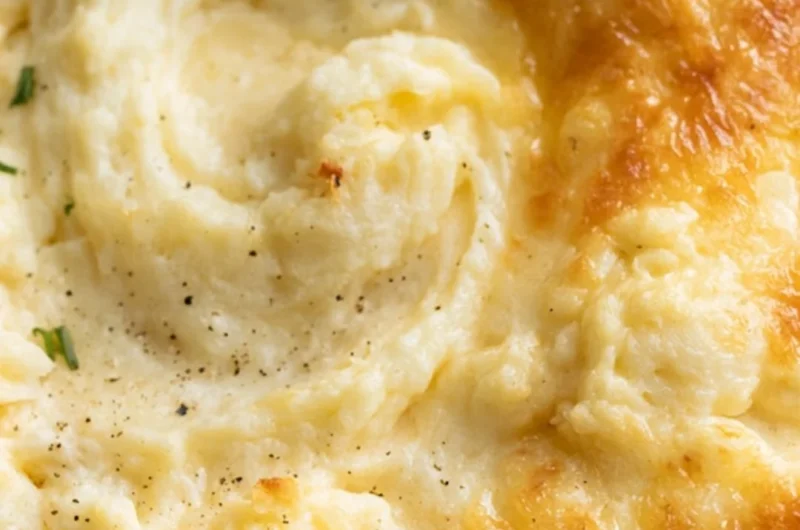 Creamy baked mashed potatoes in a casserole dish topped with golden brown cheese