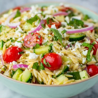 Delicious orzo pasta salad with fresh ingredients and vibrant colors