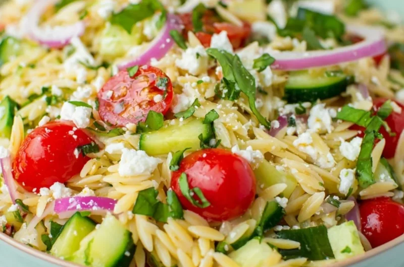 Delicious orzo pasta salad with fresh ingredients and vibrant colors