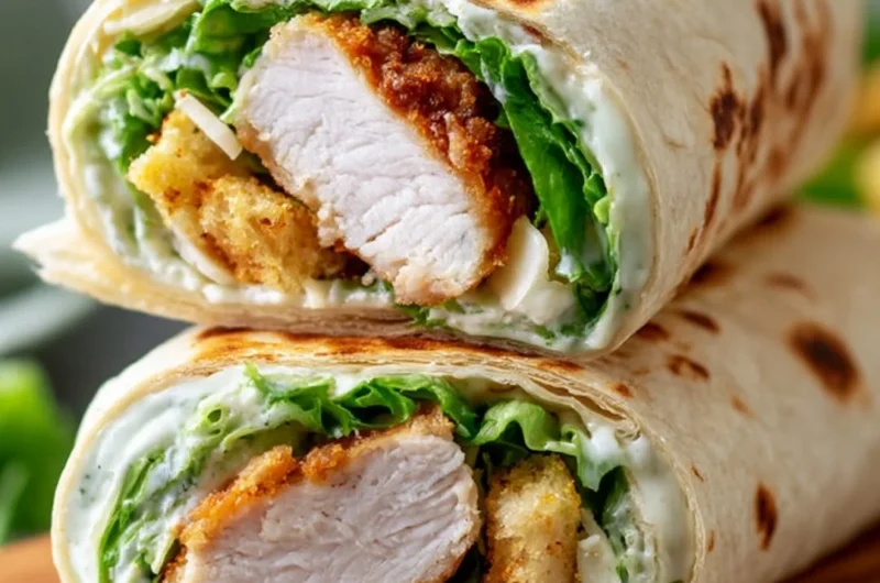 Delicious Chicken Caesar Wraps served with crispy lettuce and creamy dressing