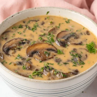 Bowl of Vegan Cream of Mushroom Soup garnished with fresh herbs