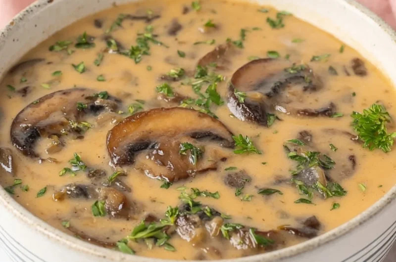 Bowl of Vegan Cream of Mushroom Soup garnished with fresh herbs