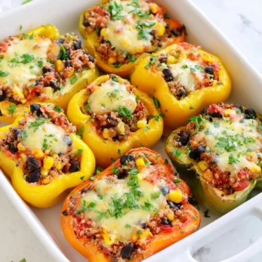 Vegetarian quinoa stuffed peppers with colorful vegetables on a plate