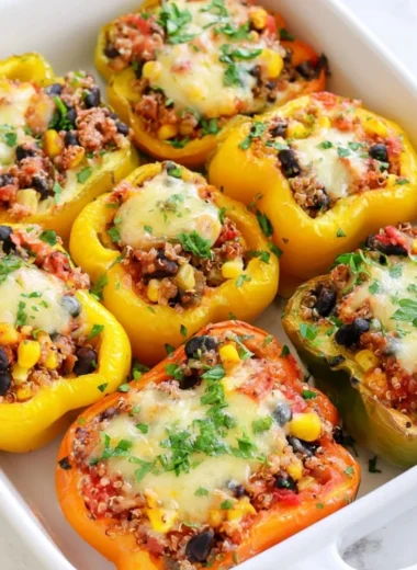 Vegetarian quinoa stuffed peppers with colorful vegetables on a plate