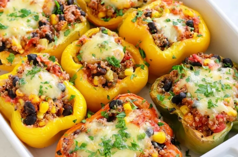 Vegetarian quinoa stuffed peppers with colorful vegetables on a plate