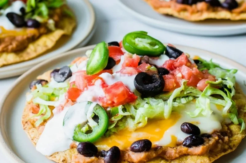 Delicious Vegetarian Tostadas topped with fresh vegetables and sauces