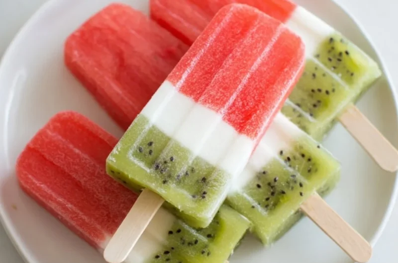 Fresh homemade watermelon popsicles on a sunny day