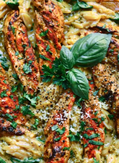 One-pan creamy chicken orzo dish garnished with herbs in a skillet.
