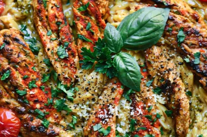 One-pan creamy chicken orzo dish garnished with herbs in a skillet.