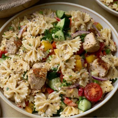 Cozy chicken pasta salad with fresh vegetables and creamy dressing served in a bowl.