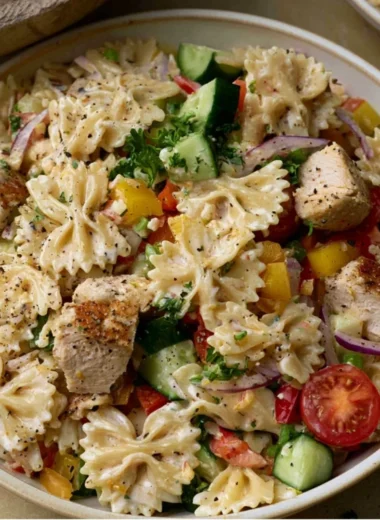 Cozy chicken pasta salad with fresh vegetables and creamy dressing served in a bowl.