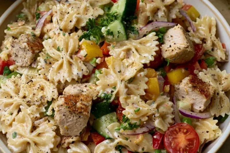 Cozy chicken pasta salad with fresh vegetables and creamy dressing served in a bowl.