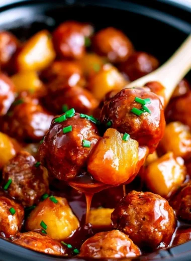 Delicious Hawaiian meatballs served with tropical flavors in a vibrant dish.