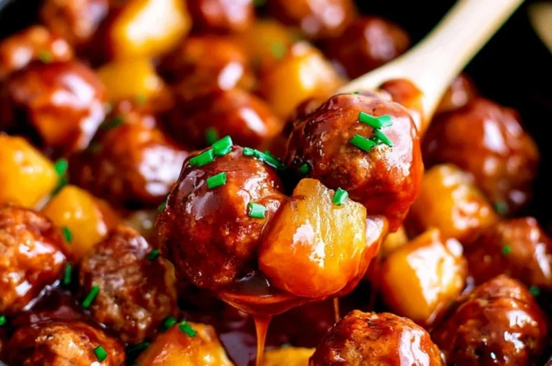 Delicious Hawaiian meatballs served with tropical flavors in a vibrant dish.