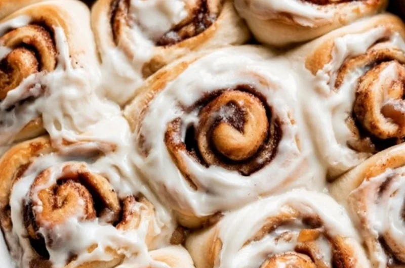 Freshly baked apple pie cinnamon rolls topped with icing and cinnamon.