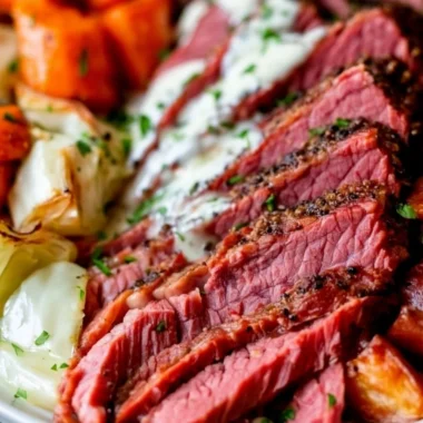 Delicious corned beef served on a plate with garnish for an inviting meal