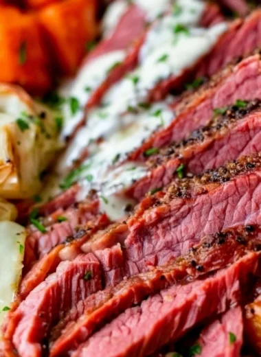 Delicious corned beef served on a plate with garnish for an inviting meal
