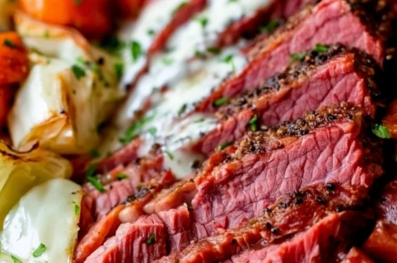 Delicious corned beef served on a plate with garnish for an inviting meal