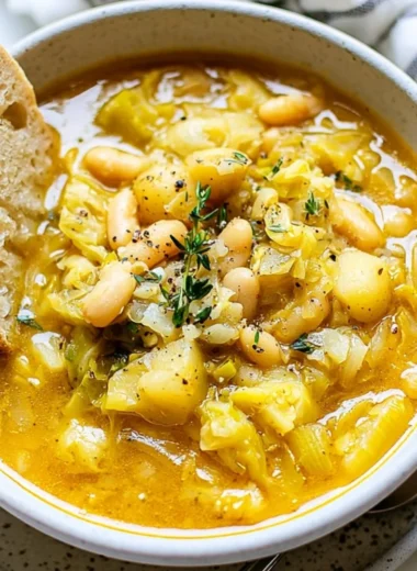 Bowl of hearty Cabbage Bean Soup with fresh ingredients