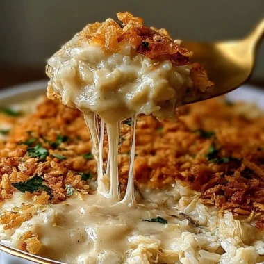 Comforting French Onion Chicken Rice Bake served in a cozy dish