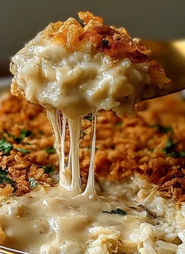 Comforting French Onion Chicken Rice Bake served in a cozy dish