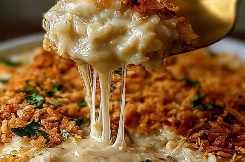 Comforting French Onion Chicken Rice Bake served in a cozy dish